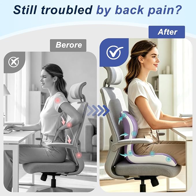 Seat Cushion for Office Chair and Car, Ergonomic Memory Foam Seat Cushion with Lumbar Support Pillow, Orthopedic Cushion for Sciatica & Back Pain, Purple & Light Gray - Image 5