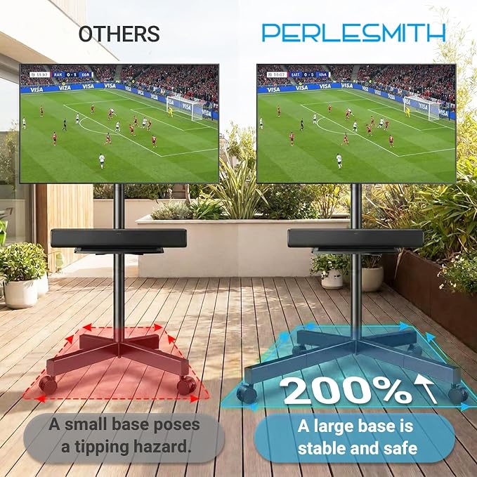 PERLESMITH Rolling TV Stand for 26-65 Inch TVs up to 88 lbs, Mobile Outdoor TV Stand with Shelf & Large Base, Tilt TV Stand with Wheels, Portable TV Cart for Bedroom, Max VESA 400x400mm, PSTVMC06B-B - Image 3