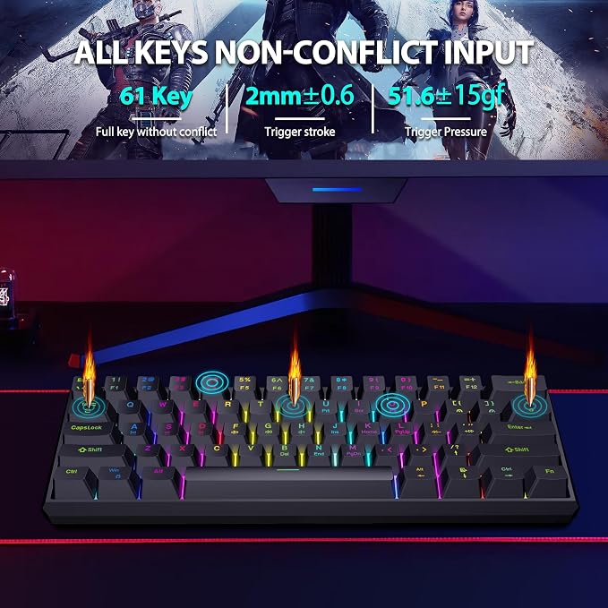 Snpurdiri 60% Gasket Wired Mechanical Gaming Keyboard (Black, Red Switches) | RGB Backlit 61 Keys Mini Gaming Keyboard for PC, Windows XP, Win 7, Win 10 - Image 5