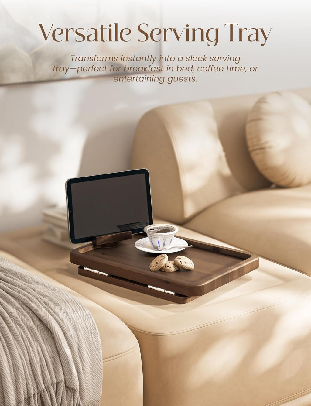 15.75" Acacia Couch Armrest Table with Phone Holder, Walnut Color - Image 6