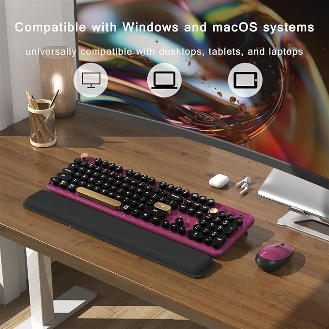 Colorful MPTOG Wireless Computer Keyboard and Mouse Combo (Black-Claret) | Retro Round Typewriter Keycaps, Power Switch, Ergonomic Design, 2.4GHz Wireless for Windows, Mac, PC - Image 3