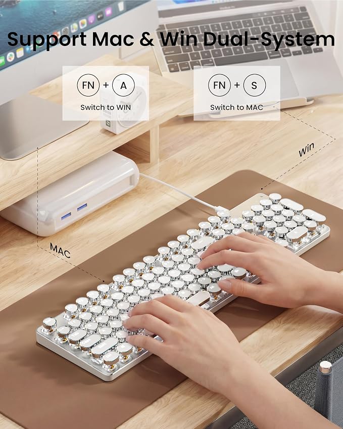 Wireless Typewriter Style Mechanical Keyboard with White Backlit, White | Bluetooth/2.4G/Wired, Clicky Blue Switch, Retro Keycaps, Rechargeable, Aesthetic Set for Mac, Windows, PC（EWEADN） - Image 6