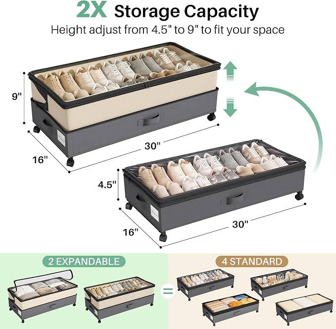 Kitstorack 2Pack Height-adjustable Under Bed Storage with Wheels, Under Bed Storage Containers,Under Bed Shoe Storage Organizer with Clear Window&Label, Suitable for Clothes Storage, Beige & Gray - Image 3