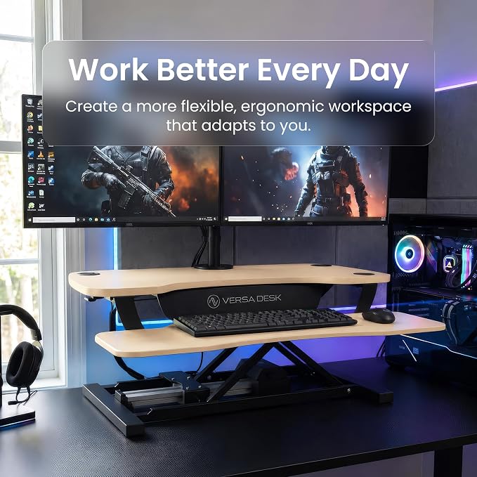 PowerPro 36 Inch Electric Standing Desk Converter – Push-Button Height Adjustable Sit to Stand Desk Riser for Dual Monitors & Laptop – Motorized Desktop Workstation with Wide Keyboard Tray - Image 6