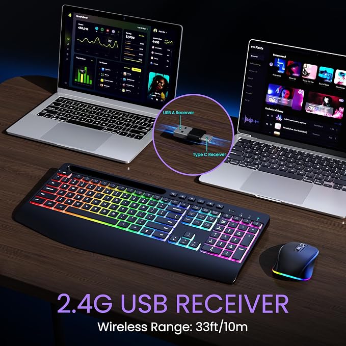 Wireless Keyboard and Mouse Combo- VEILZOR 2.4G Rechargeable Keyboard with Phone Holder, Ergonomic Wrist Rest, 9 RGB Backlit Effects, Silent Keyboard Mouse Set for Windows, Laptop, PC | 2.4G Wireless Light Up Keyboard Set, Phone Holder, Wrist Rest, 9 R... - Image 6