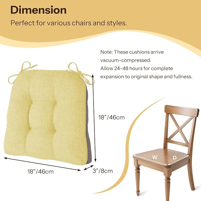 Chair Cushions for Dining Chairs Set of 2, 18"x18"x3", Yellow | Non-Slip with Ties, Tufted, Faux Linen, Seat Cushions for Dining Room Kitchen Breakfast Nook Indoor Home Office Living Room - Image 2