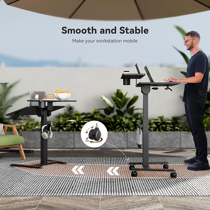 28" Mobile Standing Desk, Tiltable Top with 2-Tier Shelves, Black | Pneumatic Rolling Desk, Adjustable Height Computer Workstation, Sit Stand Portable Drafting Table & Laptop Cart on Wheels - Image 8
