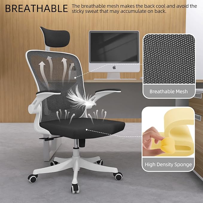 Monhey Office Chair, Ergonomic Office Chair with Lumbar Support & 3D Headrest & Flip Up Arms Home Office Desk Chairs Rockable Computer Chair Multi-Angle from 90° to 130° with 350LBS CapacityChair - Image 8