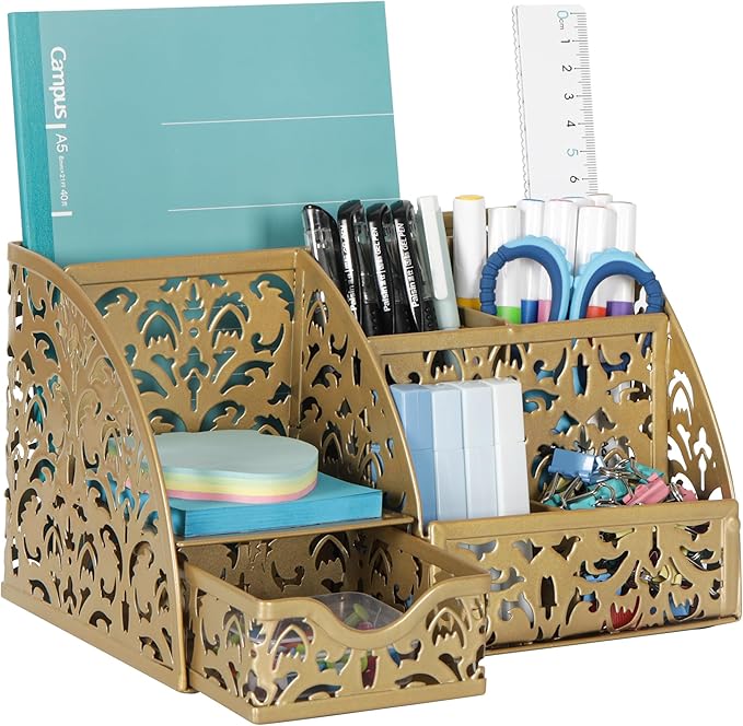EasyPAG Desk Organizer and Pen Holder for Desk, Mesh Office Supplies Storage Caddy with Drawer for Small Space, Desktop Organizer for Home Office, Gold by EasyPAG