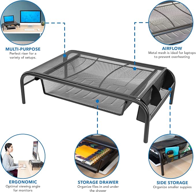 Mount-It! Metal Mesh Monitor Stand with Drawer, Ergonomic Desk Organizer and Riser for Monitors and Laptops, Desktop Stand with Extra Storage and Side Pocket, Black - Image 6