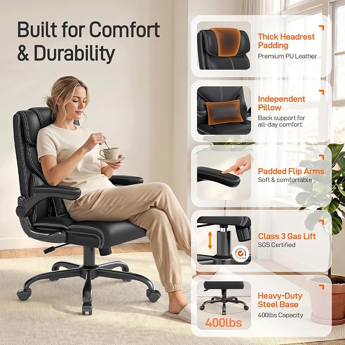 Office Chair, Executive Mid-Back Computer Desk Chair with Flip-up Armrests | 300 Lbs Ergonomic Leather Swivel PC Chair with Rock Function for Working Studying (Black) - Image 6