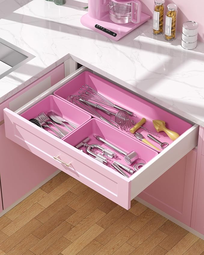 10 Pack Large Size Plastic Drawer Organizers Set, 3 Sizes Desk Drawer Organizer Trays, Storage Bins for Vanity, Makeup, Bathroom, Kitchen Utensils and Office (Pink) - Image 6