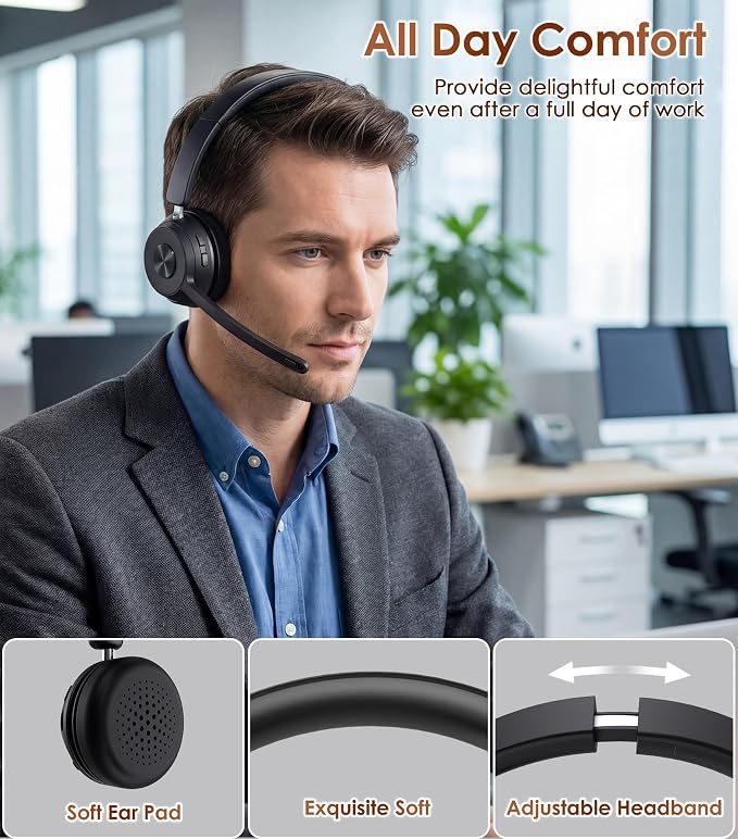 Wireless Headset with Mic for Work, Bluetooth Headset with Noise Cancelling | Headphones with Microphone Mute & USB Dongle for PC/Computer/Laptop/Cell Phones/Remote Work/Call Center (Black) - Image 6