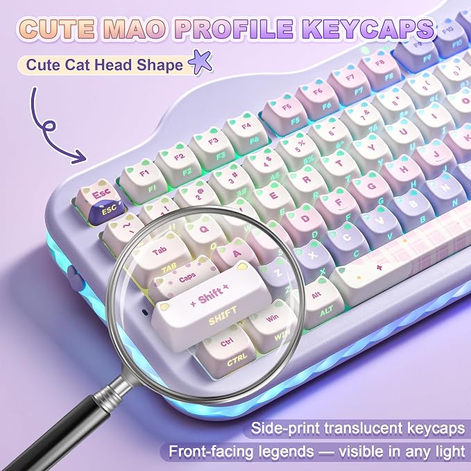 YUNZII C98 Cute Wireless Mechanical Keyboard(Purple Mao, Candy Switch) | Cake Keyboard,99 Keys with Number Pad, MAO Keycaps, BT5.0/2.4G/USB-C,Hot Swap, Gasket Mount, Custom RGB Backlight for Win/Mac - Image 9