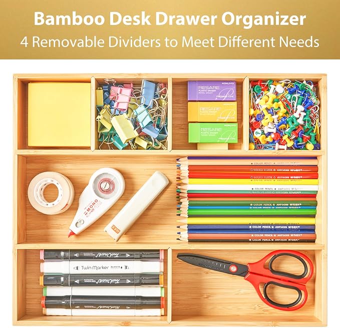 Large Bamboo Desk Drawer Organizer, Wood Office Junk Tray, 15"x12" | 2.4" Tall for Deep Drawer - Adjustable slots - Anti Slip Silicone Pads - Versatile Storage Box in Kitchen, Pantry - Image 2