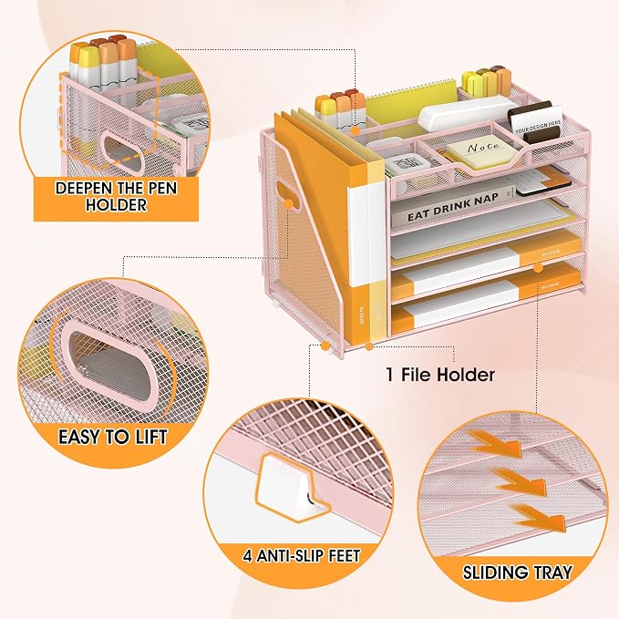 5 Tier Paper Letter Tray Desk Organizer with Pen Holders - Pink | Features 3 pen holders and 4 removable dividers.Versatile mesh desktop storage for mail, document,office supplie - Image 4