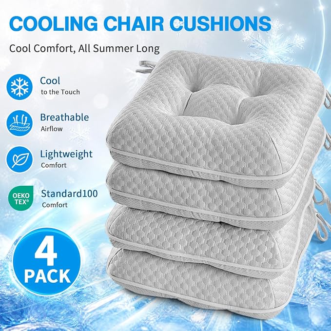 BETU Cooling Chair Cushions Set of 4, 3.5” Thick Seat Cushions, Breathable Comfort Fabric Chair Pads with Non Slip Bottom & Ties, Soft Support Cushion for Kitchen, Office, Patio,15.5"X15.5"X3.5"Gray - Image 8
