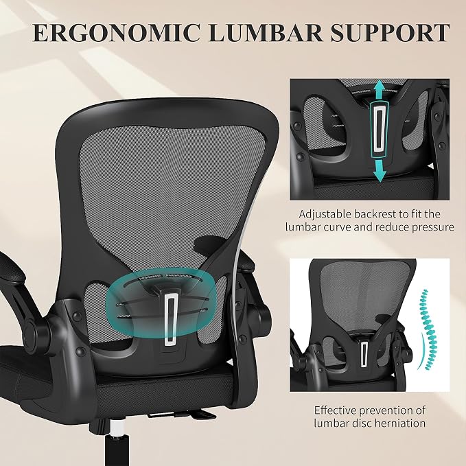 Flysky Mesh Office Chair, Ergonomic Computer Desk Chairs (Black, Set of 10) | Comfy/Comfortable Flip-up Arm Rests, Lumbar Support, Height Adjustable, 360 Degree Rolling Swivel for Home Office - Image 6