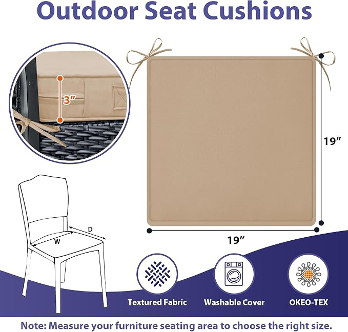 IPYNBAP Outdoor Chair Cushions Set of 4 -Waterproof Outdoor Seat Cushions for Patio Furniture, Patio Chair Cushion with Handle and Ties, Out Door Chair Pads,19x19x3-Square, Beige - Image 6
