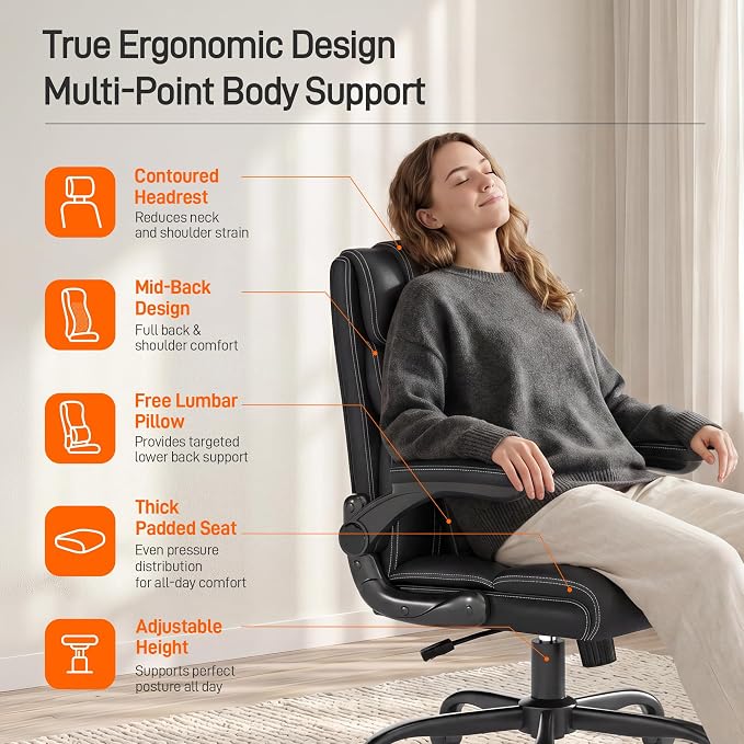 Office Chair, Executive Mid-Back Computer Desk Chair with Flip-up Armrests | 300 Lbs Ergonomic Leather Swivel PC Chair with Rock Function for Working Studying (Black) - Image 5