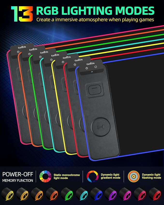 Wireless Charging Mouse Pad, RGB Gaming Mousepad, 31.5"x11.8" | Extra Large LED Desk Mat, 13 Lighting Modes, Ultra-Smooth Surface, Non-Slip Base, Waterproof Computer Keyboard Pad, Black - Image 4