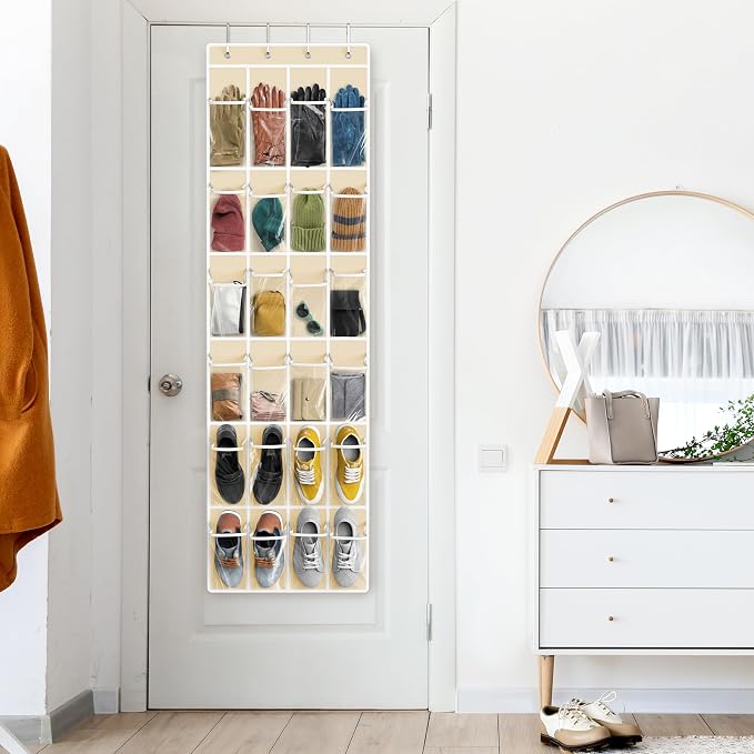 Simple Houseware 24 Pockets Clear Over the Door Shoe Organizer, Beige | 64" x 19", 4 Durable Metal Hooks, 4.3" x 9.5" Pocket Size, Multipurpose - Image 8