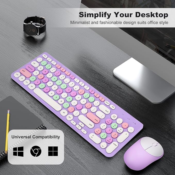 Wireless Keyboard and Mouse Combo, Retro Typewriter Keyboard with Round Keycaps, 2.4GHz USB Cute Wireless Keyboard Mouse for Computer, Desktop, Laptop (Purple Colorful) - Image 7