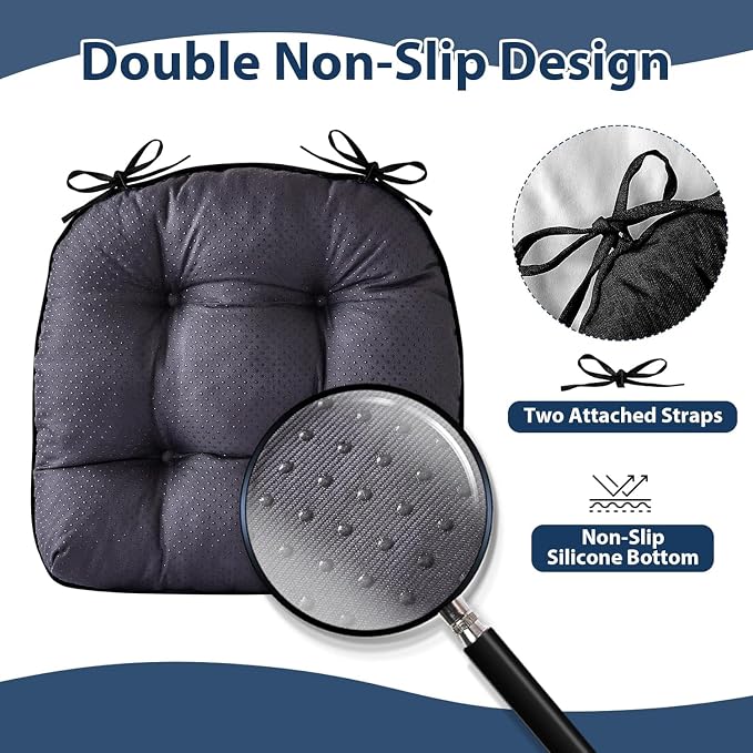 IASEAHK Chair Cushions for Dining Chairs, Seat Cushions for Kitchen Chairs, Indoor Seat Cushions with Ties, Tufted Foam Chair Pads, Non Slip Chair Cushions Set of 2, 15.5" x 15.5" x 4", Black - Image 3