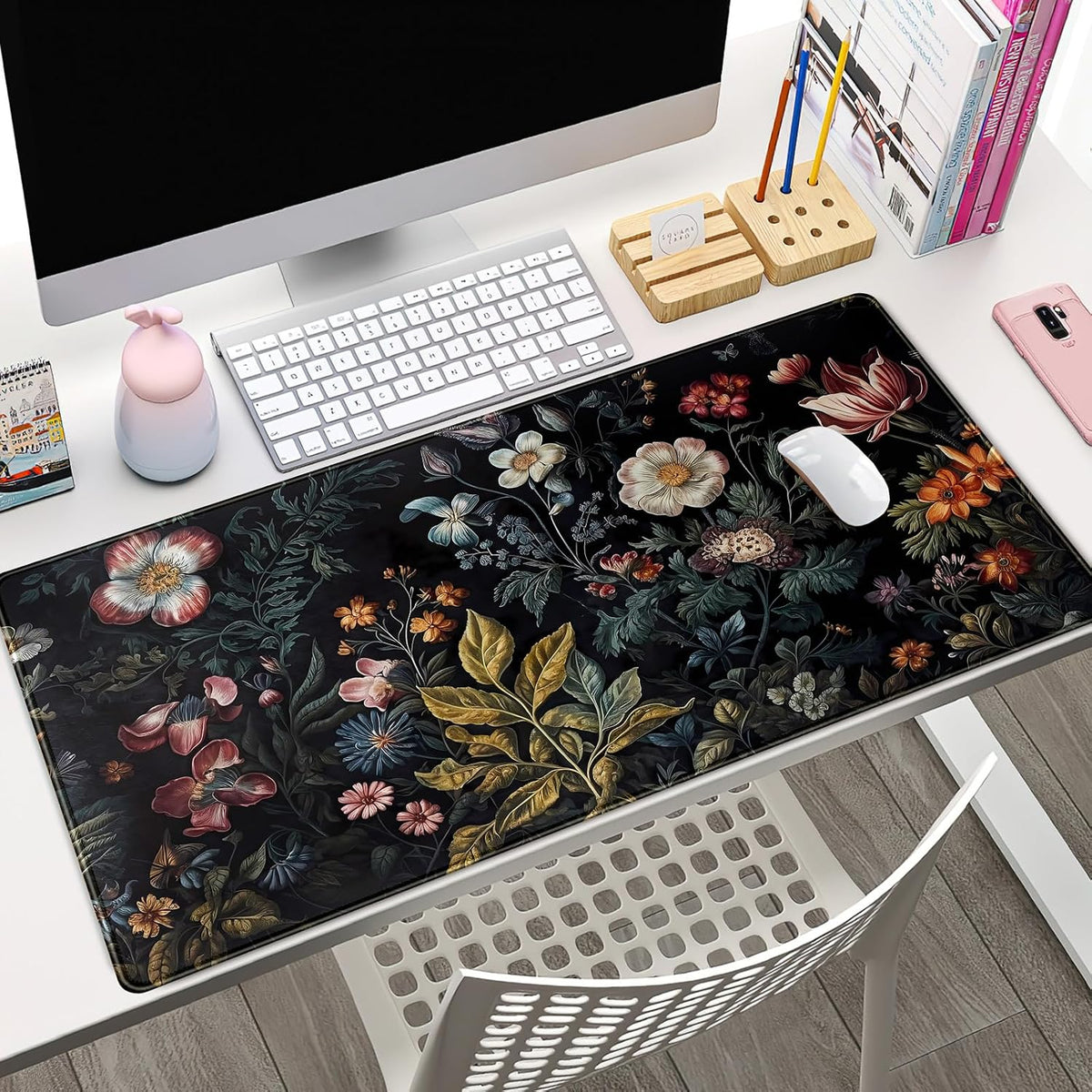Floral Desk Mat Dark Vintage Aesthetic Desk Pad Flower Plant Black Extended Mouse Pad Large Gaming Mousepad XXL Laptop Computer Mouse Keyboard Mat 31.5 x 15.7 in for Office Desk Decor - Image 5