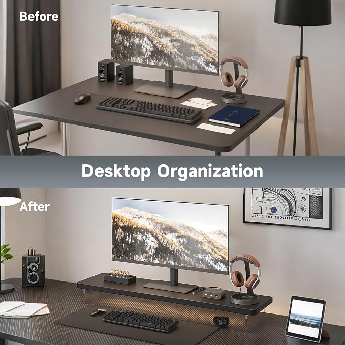 Computer Monitor Stands, Wood & Acrylic Computer Monitor Stand, Desk Monitor Stand Underneath Storage For Office, Home, School Supplies, 31.5" L (Black) - Image 7