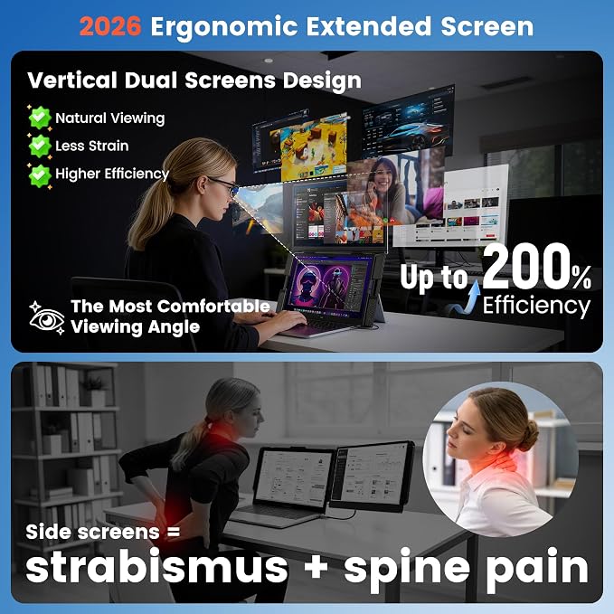 SMISEACOW Laptop Screen Extender 15.6" for 13-17.3'' Laptops, Portable Dual Monitor for Laptop, Ultra-Slim Clamp-On Vertical Dual IPS 1080P Screen Monitor Extender, USB-C HDMI for Office Travel - Image 5