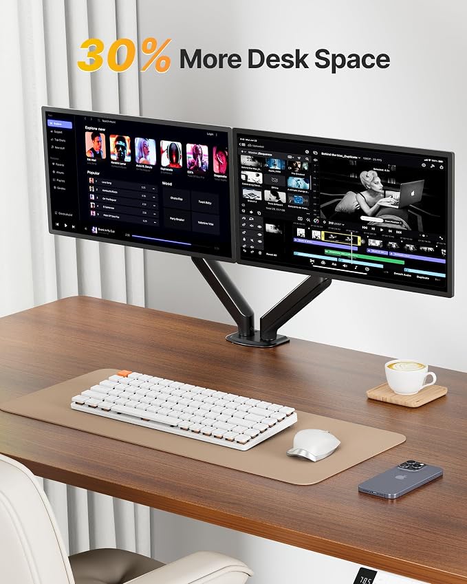 monTEK Dual Monitor Arm Stand, 17–32", Full Motion Adjustment,20 lbs Each | Mechanical Spring Arm, Heavy Duty Steel，Stable,Desk Monitor Stand, Adjustable Monitor Arm with Clamp & Grommet, VESA 75/100 - Image 5