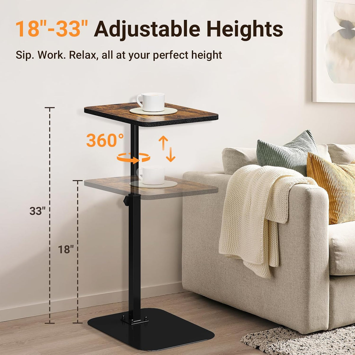Adjustable Height TV Tray Table for Couch, 360° Swivel Side Table - Image 2