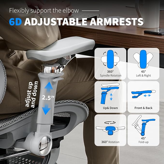 Mesh Ergonomic Office Chair with Footrest, Grey | 6D Armrests High Back Mesh Gaming Chair with Lumbar Support,Adjustable 3D Headrest for Home Office Desk Chair - Image 4