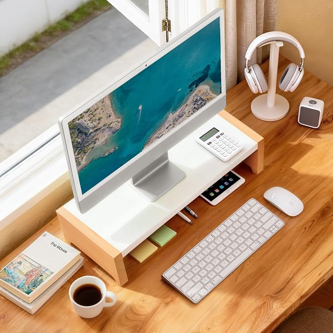 Monitor Stand Riser | White Metal & Wood Computer Monitor Stand Riser for Desk, Max Load Capacity 40LB - Image 7