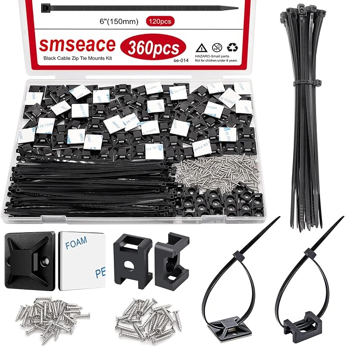 smseace 360Pcs Strong Back-Glue Self Adhesive Black Cable Zip Tie Mounts Kit with 6inch Zip Ties and Screws, UV Protection Outdoor Sticky Wire Fasteners Cable Clips Management by smseace
