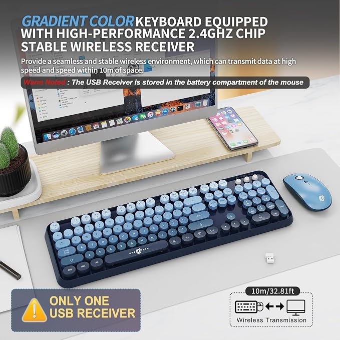 Wireless Keyboard and Mouse Combo - 2.4G Full-Sized Cute Colorful Mouse and Keyboard with 104 Round Keys Retro Typewriter Keyboard for Laptop/Windows/PC - Blue Gradient - Image 2