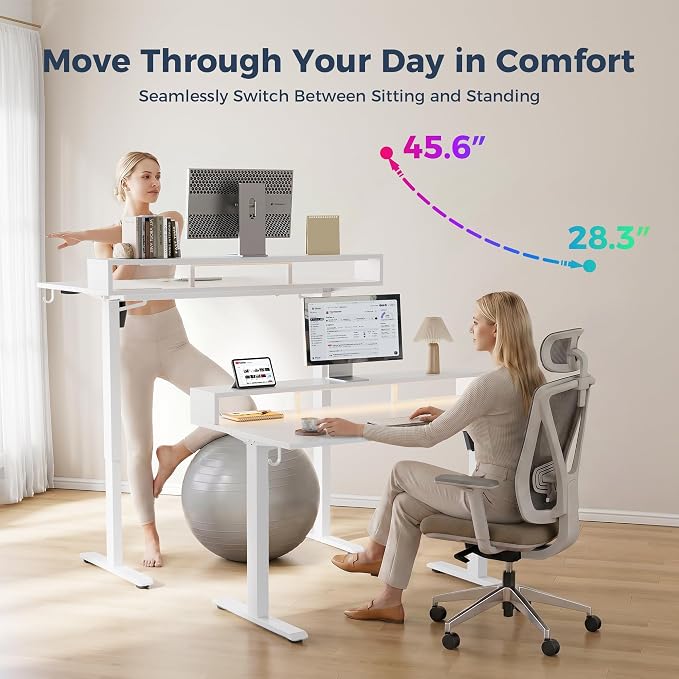 Klicelor Electric Standing Desk with Shelf, 55 Inch Height Adjustable Desk with Power Outlets & LED, Sit Stand Up Table with Monitor Stand, Computer Workstation for Home Office, White - Image 6