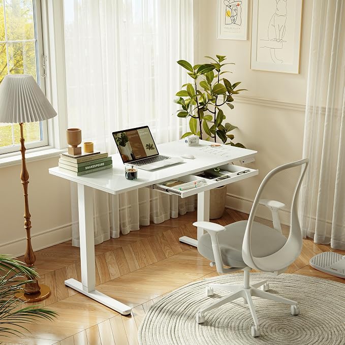 CubiCubi 55x24 Standing Desk with Glass Top, Height Adjustable Computer Desk with Drawer, One-piece Rising Home Office Desks with Positon Memory, Sit Stand Up Electric Workstation Table, White - Image 2