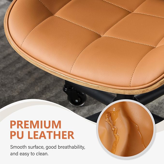 Home Office Desk Chair with Rubber Wheels, Armless Bentwood, Brown | Adjustable Height Armless Office Chair, PU Leather Mid Back 360°Small Computer Chair, No Arms Walnut Seating, 300LBS Support - Image 5