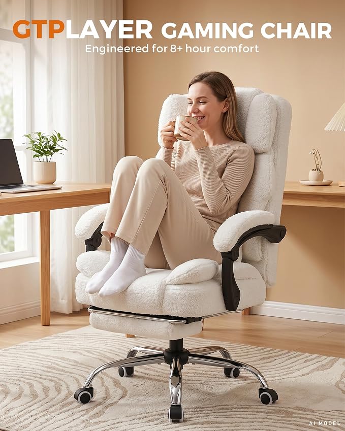 GTPLAYER Big and Tall Office Chair with Pocket Spring Cushion & Ergonomic Lumbar Support for Lower Back Pain Relief, High Back Computer Gaming Chair with Foot Rest, Comfy Teddy Fleece, White - Image 9