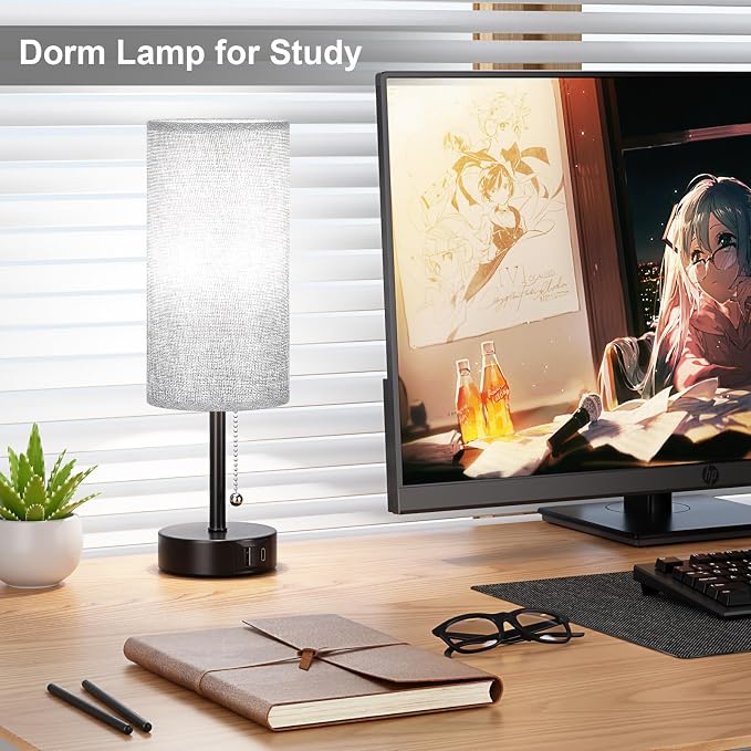 Grey Bedside Lamp for Bedroom Nightstand - Small Table Lamp Set of 2 | USB A+C Ports, 3 Color Temperatures, LED Bulb Included, Grey Fabric Shade, Black Base, 14" Tall Pull Chain Desk Lamp, 2-Pack - Image 5