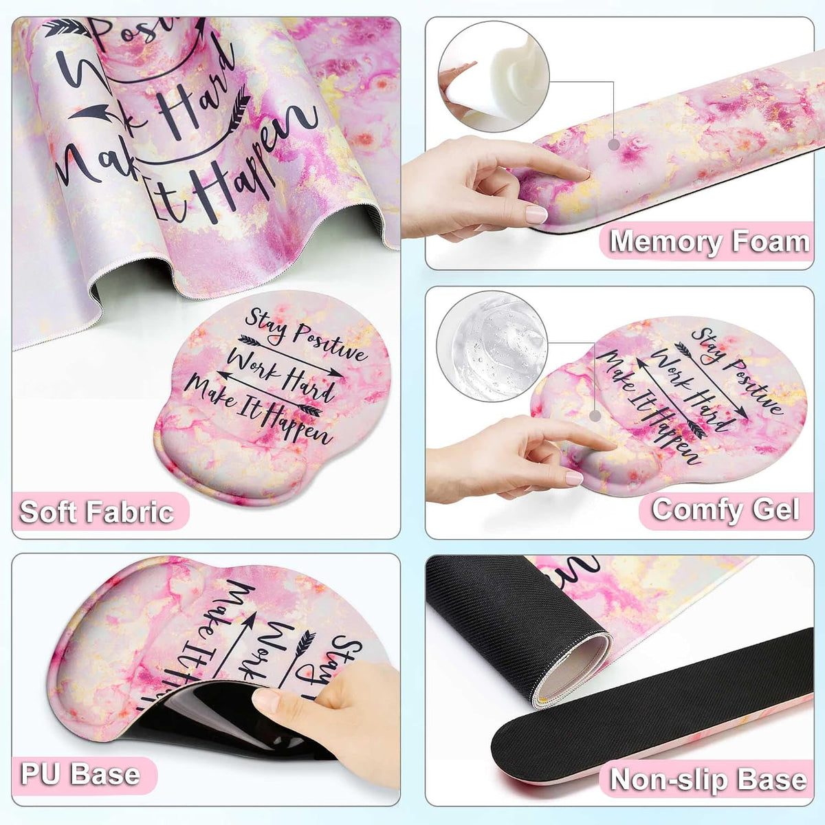 Large Mouse Pad and Keyboard Wrist Rest + Desk Mat Set,Full Long Mouse Pads for Desk Accessories with Memory Foam Gel Pink Mousepad for Women Computer Desktop Office Work-Pink & Black Slogan - Image 5