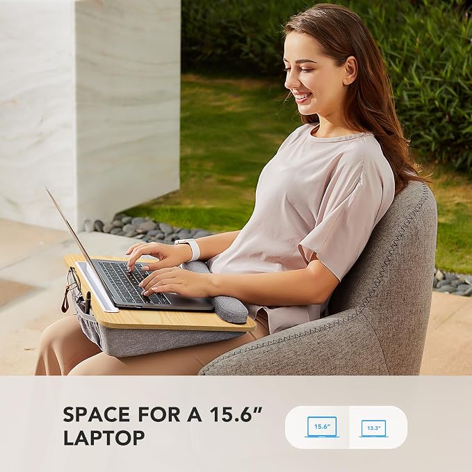 HUANUO Laptop Lap Desk with Cushion, Fit up to 15.6" Laptop，Light Wood | Portable Lap Desk with Pillow Cushion, Anti-Slip Strip & Storage Function for Home Office Students as Computer Laptop Stand - Image 2
