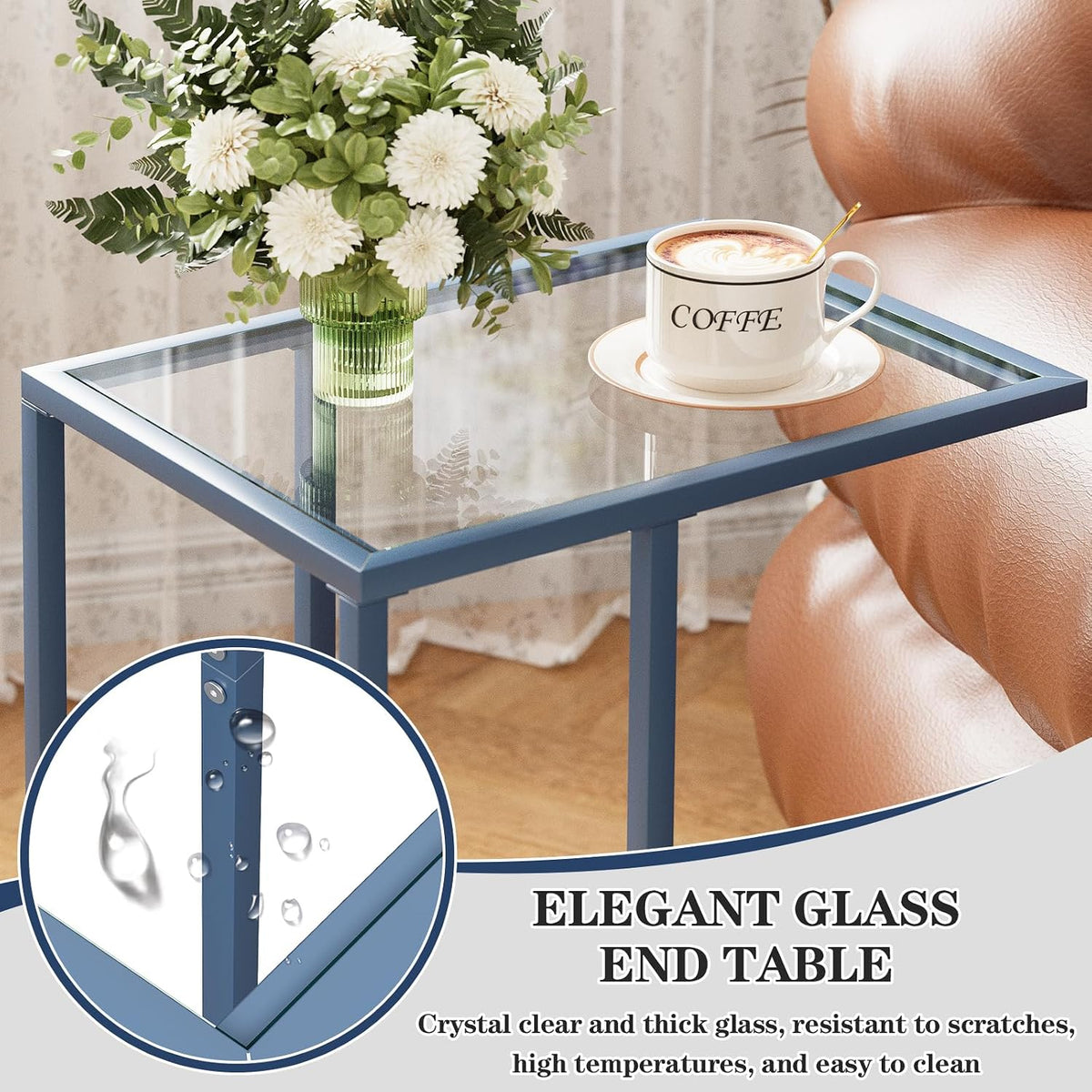 C Table End Table, Glass Couch Side Table, Tempered Glass Snack Side Table with Metal Frame, TV Tray Table for Small Space, Sofa Couch Side Tableand Bed Side Table(Blue) - Image 5