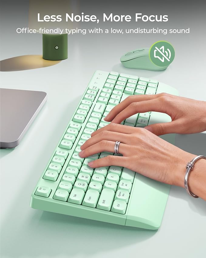 seenda Wireless Bluetooth Ergonomic Keyboard Mouse Combo, Full Size, Green | USB/Bluetooth multi-device switching, with wrist rest, number pad, and quiet operation for PC, laptop, Mac, MacBook, and iPad - Image 5