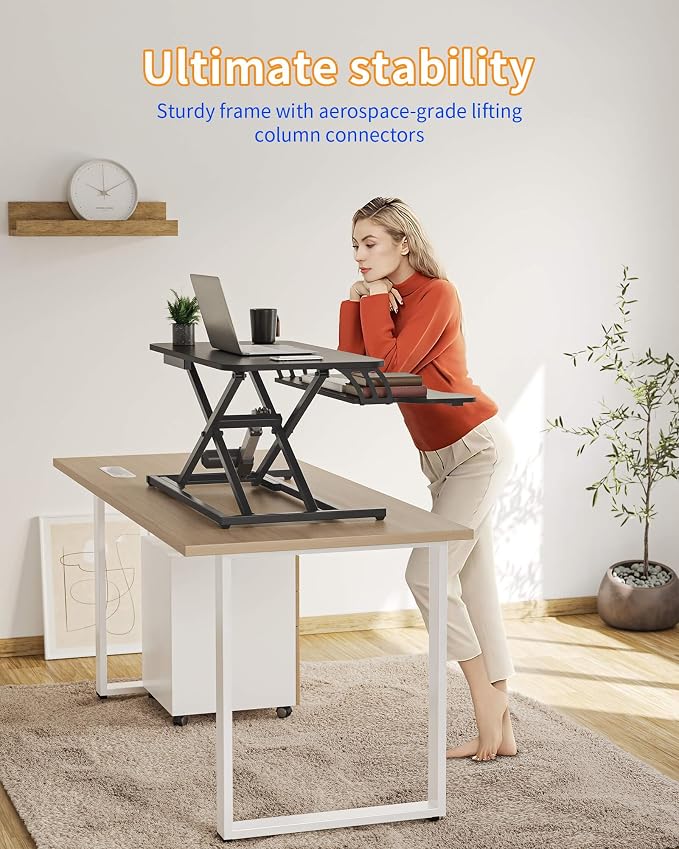 YIHAYO Electric Standing Desk Converter 32 inch, Sit to Stand Up Height Adjustable Desk Riser, Quick Sit to Stand Tabletop Dual Monitor Riser Workstation for Home Office with Keyboard Tray, Black - Image 4