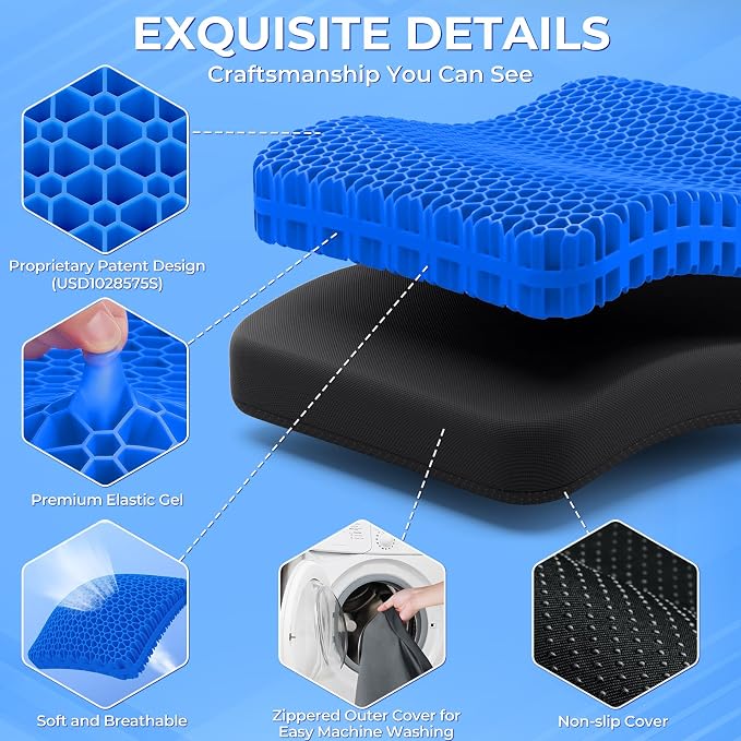 TushGuard Gel Seat Cushion for Long Sitting, Breathable Thick Patent Design | Enlarged Cooling Chair Pad for Office Chair, Wheelchair, Desk Chair, Supportive Car Cushion (Standard, Black+Blue) - Image 4