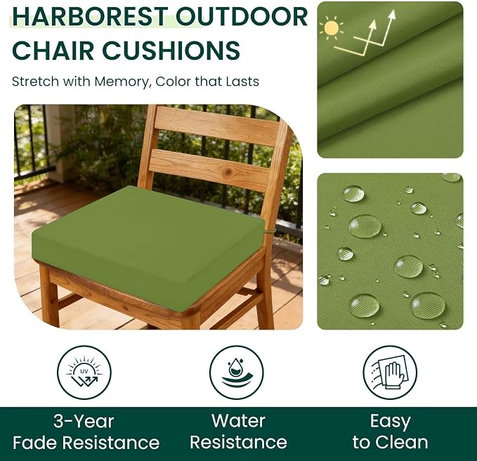 HARBOREST Outdoor Chair Cushions Set of 4, Water Resistant Patio Chair Cushions with Ties, Square Corner Outdoor Seat Cushions for Patio Furniture, 18.5"x16"x3", Grass Green - Image 2