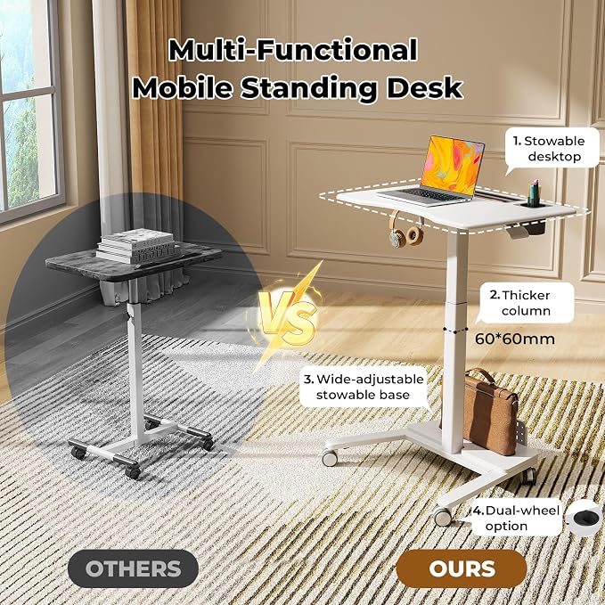 28" Mobile Standing Desk with Storage, Rolling Laptop Desk | Height Adjustable Portable Desk with Wheels & Cup Holder, Stand up Desk for Study, Ideal for Home Office, Classroom, White - Image 8